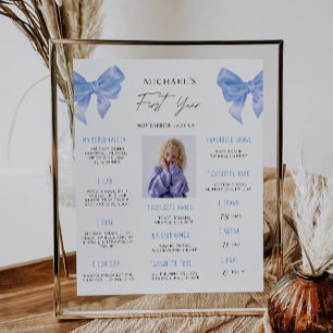 Blue Bow 1st Birthday Milestone Board Poster