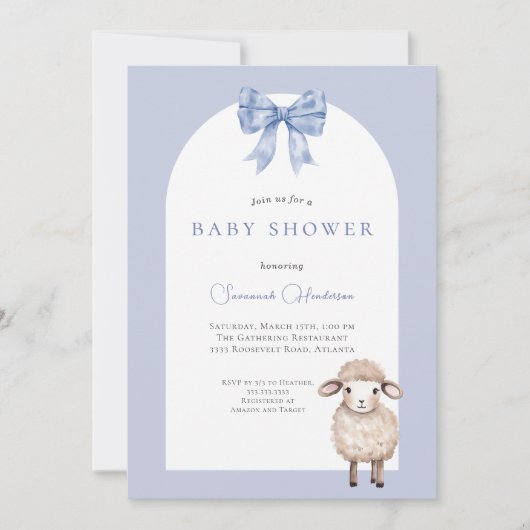 Blue Bow Animal Lamb Baby shower Kaart (Voorkant)