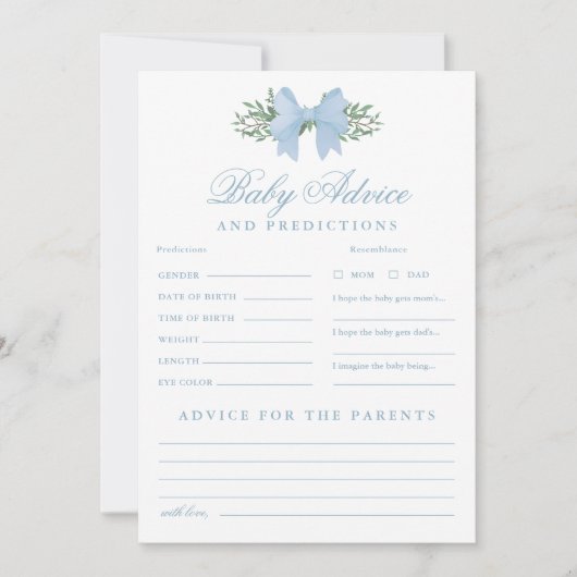 Blue Bow Baby Advies en voorspellingen Douche Spel Kaart (Voorkant)