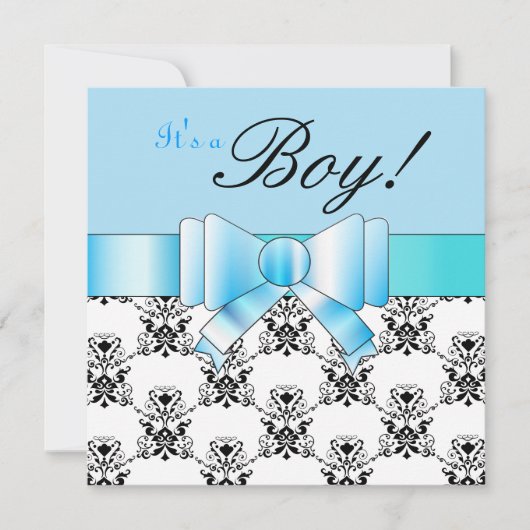 Blue Bow Baby Boy Shower Black en White Damask Kaart (Voorkant)