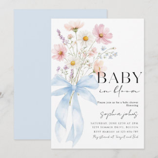 Blue Bow Baby in Bloom Boy Baby Shower Invitation