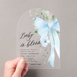 Blue Bow Baby in Bloom Floral Boy Baby shower Arch Acryl Uitnodigingen