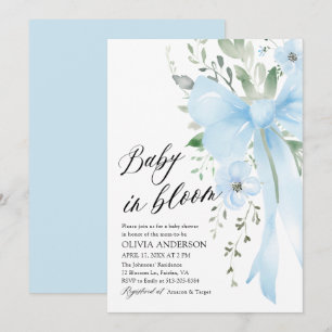 Blue Bow Baby in Bloom Floral Boy Baby shower Kaart