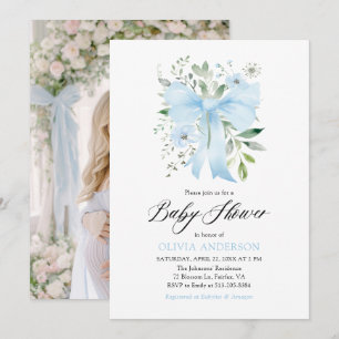 Blue Bow Baby in Bloom Floral Boy Baby shower Kaart
