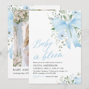 Blue Bow Baby in Bloom Floral Boy Baby shower Kaart
