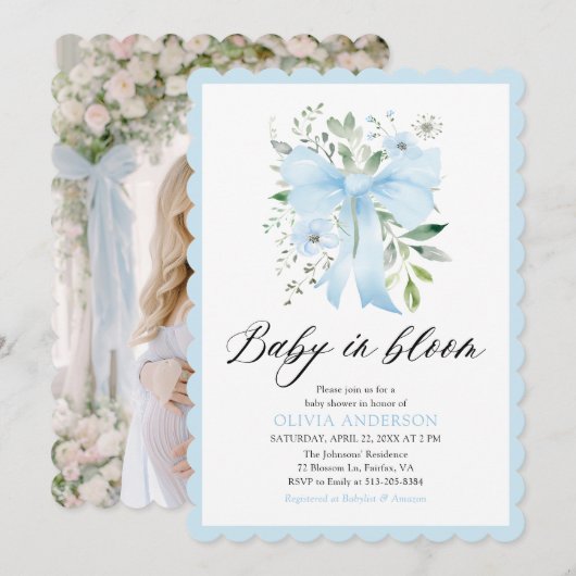 Blue Bow Baby in Bloom Floral Boy Baby shower Kaart (Voorkant / Achterkant)