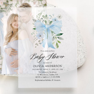 Blue Bow Baby in Bloom Floral Boy Baby shower Vellum Uitnodigingen