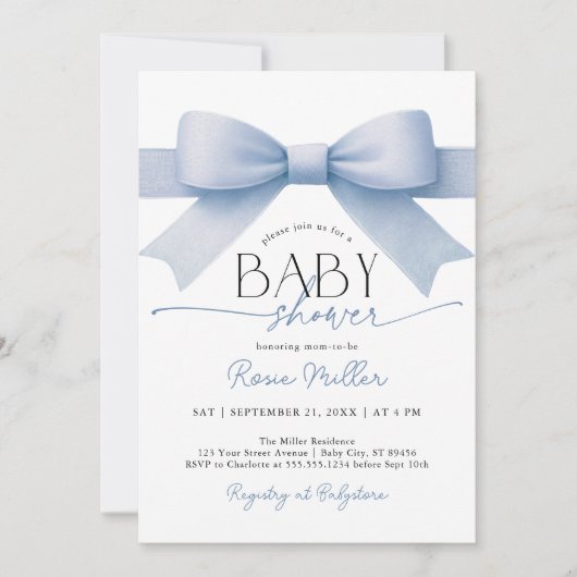 Blue Bow Baby Shower Boy Invitation (Devant)