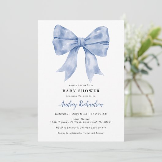 Blue Bow Baby shower Invitation Kaart (Staand voorkant)