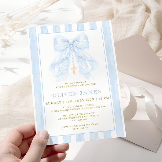 Blue Bow Baptism Invitation