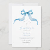 Blue Bow Baptism Invitation Baby Boy Baptism (Devant)