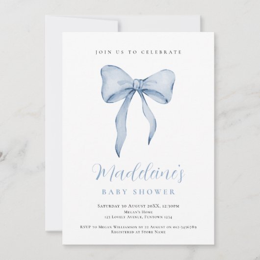 Blue Bow Boy Baby Shower invitation (Devant)