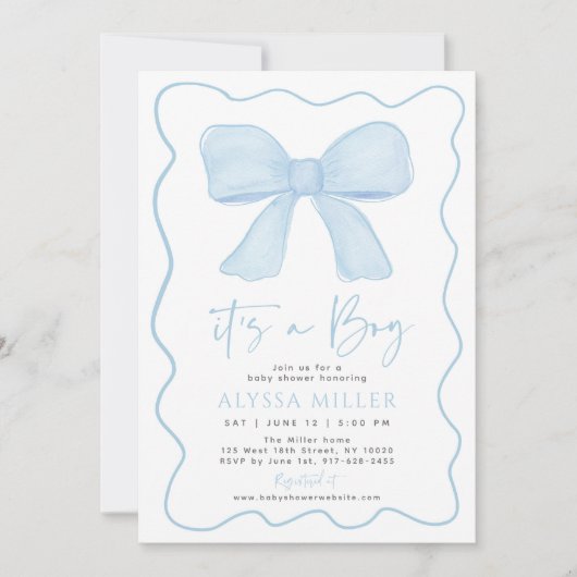 Blue Bow Boy Coquette Baby shower Uitnodiging (Voorkant)