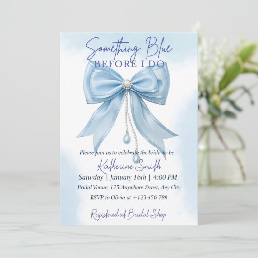 Blue Bow Bruids Douche Uitnodiging Sjabloon, Somet (Staand voorkant)