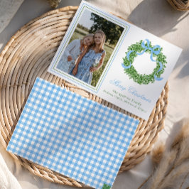 Blue Bow Christmas Boxwood Krans Foto Feestdagenkaart