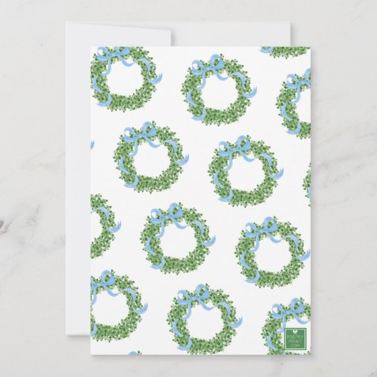 Blue Bow Christmas Boxwood Krans Party Kaart (Achterkant)