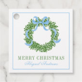 Blue Bow Christmas Boxwood Wreath Bedankjes Labels (Voorkant)