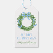 Blue Bow Christmas Boxwood Wreath Cadeaulabel (Voorkant)