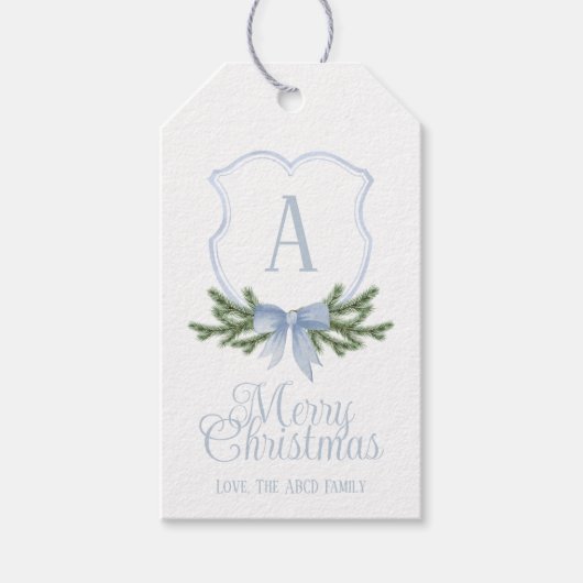 Blue Bow Christmas Crest Cadeaulabel (Voorkant)