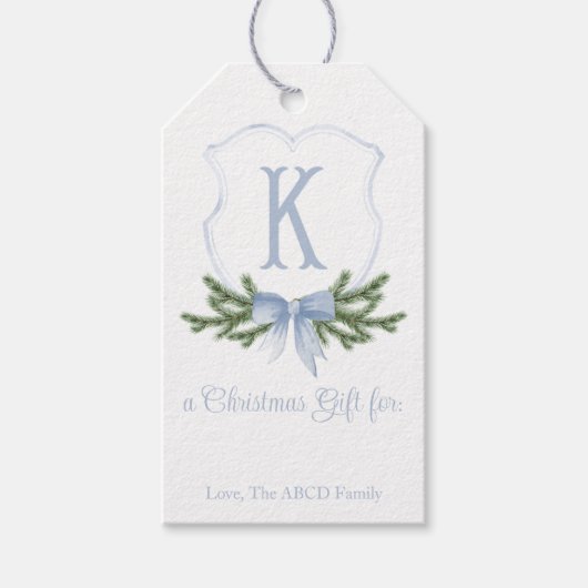 Blue Bow Christmas Crest Gift Label - K Cadeaulabel (Voorkant)