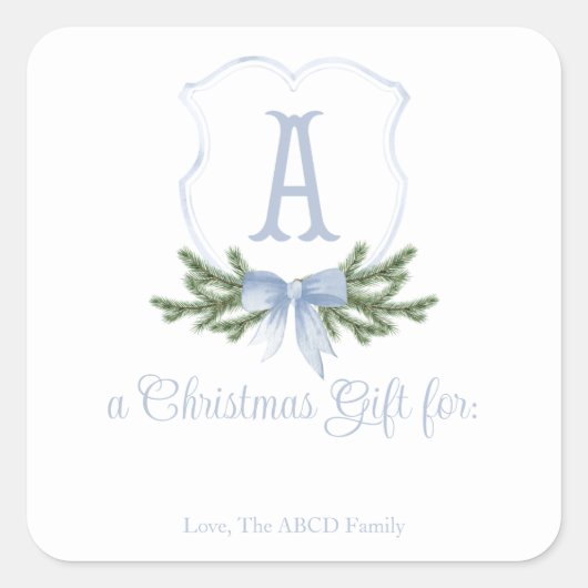 Blue Bow Christmas Crest Sticker Gift Label - A (Voorkant)