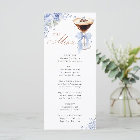Blue Bow Coffee Bridal Shower Menu Card (Debout devant)