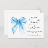 Blue Bow Coquette Script Sweet 16 Thank You  Bedankkaart (Voorkant / Achterkant)