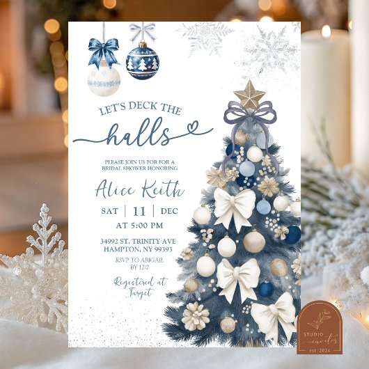 Blue Bow Coquette Winter Christmas Bridal Shower Kaart