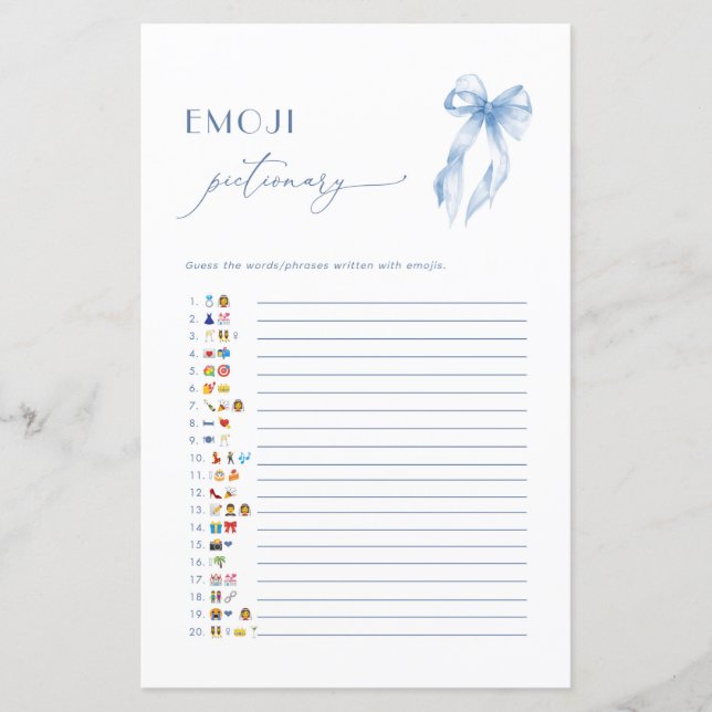 Blue Bow Emoji Pictionary Bridal Shower Game Card (Voorkant)
