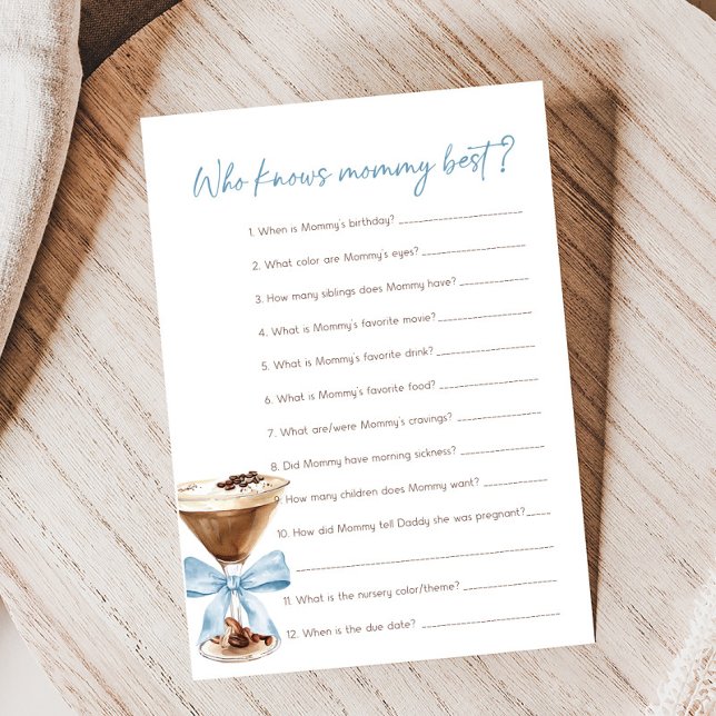 Blue Bow Espresso Martini Who Knows Mommy Game (Espresso Baby Shower Game)
