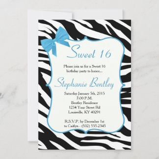 Blue Bow et Zebra Sweet 16 Invitation d'anniversai