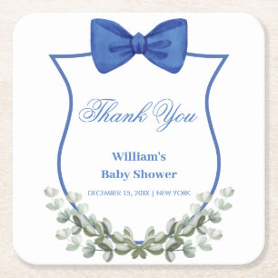 Blue Bow Eucalyptus Crest Baby shower Bedankt Vierkante Kartonnen Onderzetter