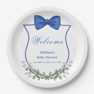 Blue Bow Eucalyptus Crest Baby shower Welkom Papieren Bordje