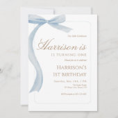 Blue Bow First Birthday Invitation Watercolor Kaart (Voorkant)