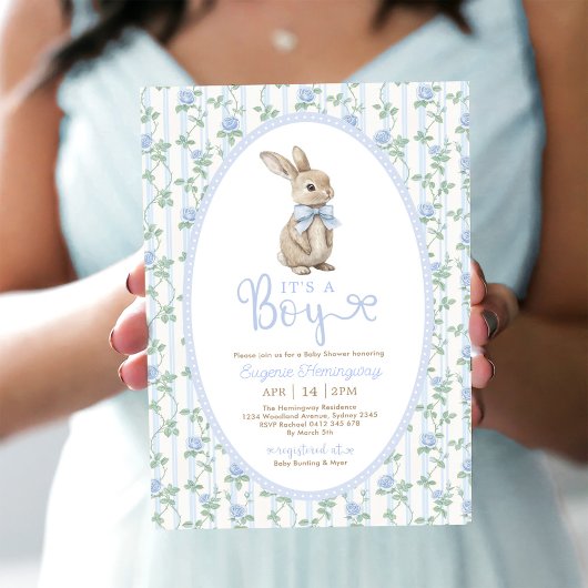 Blue Bow Floral Bunny Rabbit Boy Baby shower Kaart