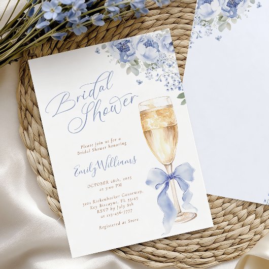 Blue Bow Floral Champagne Bridal Shower Invitation