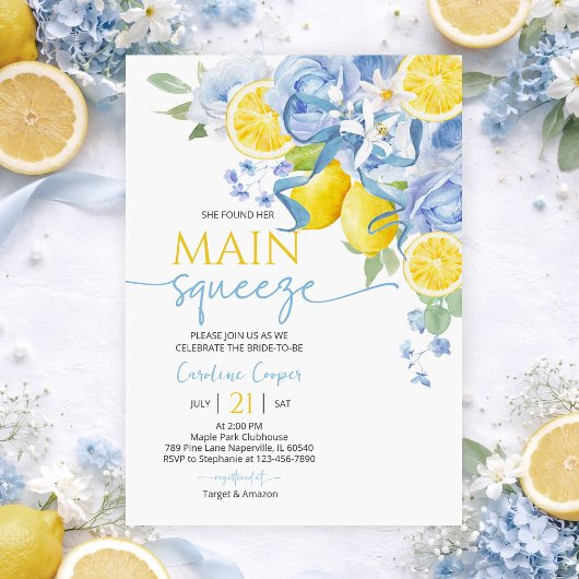 Blue Bow Floral Lemon Bridal Shower Invitation
