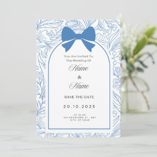 Blue bow floral wedding invitation  kaart