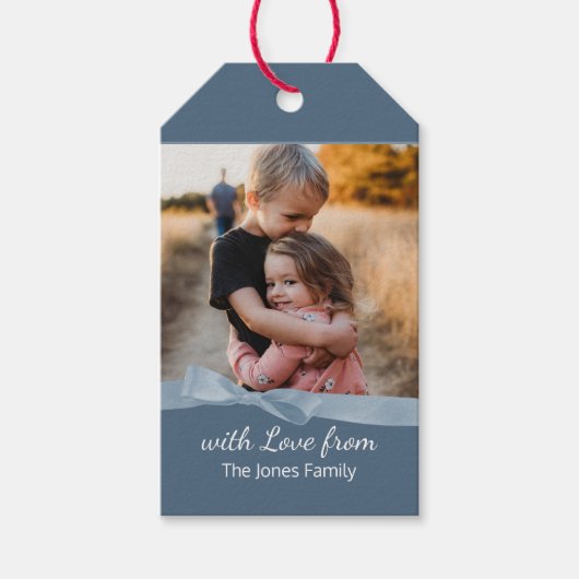 Blue Bow Foto Groeten Gift Labels Cadeaulabel (Voorkant)