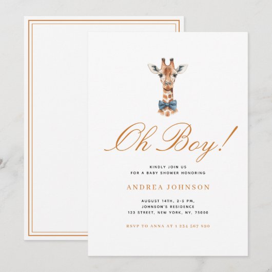 Blue Bow Giraffe Safari Theme Boy Baby shower Kaart (Voorkant / Achterkant)