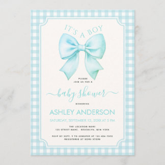 Blue Bow It's a Boy Baby Shower Gingham Plaid Kaart
