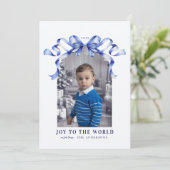 Blue Bow Joy naar de wereld Kerstfoto Feestdagenkaart (Staand voorkant)