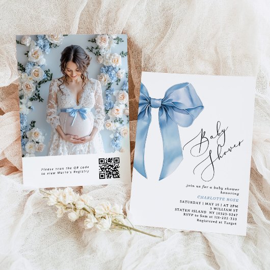 Blue Bow kalligrafie Foto QR code Baby shower Kaart