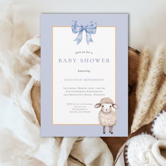 Blue Bow Lamb Baby shower Kaart