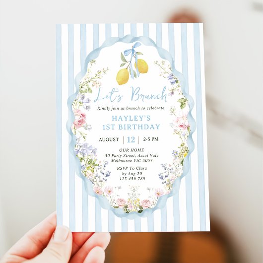Blue bow lemon birthday Invitation Kaart