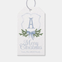 Blue Bow Merry Christmas Crest Gift Label - A