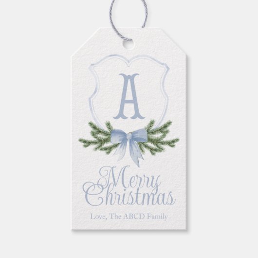 Blue Bow Merry Christmas Crest Gift Label - A Cadeaulabel (Voorkant)
