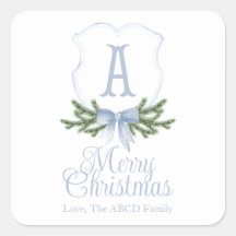 Blue Bow Merry Christmas Crest Sticker Label - A