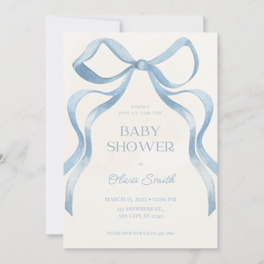 Blue Bow Minimalist Baby Shower Invitation (Devant)