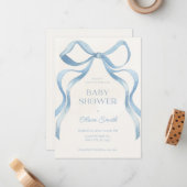 Blue Bow Minimalist Baby Shower Invitation (Devant/Arrière en situation)